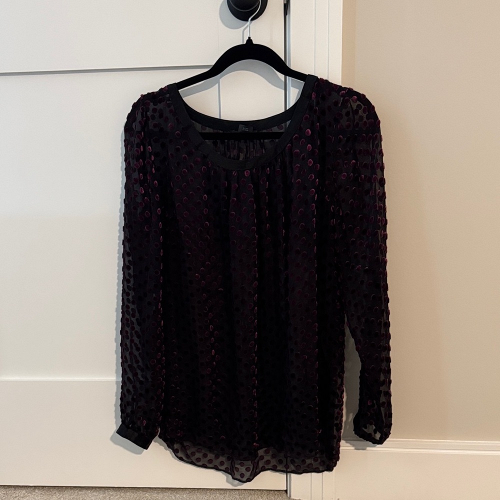 Club Monaco Black and Purple Sheer Polka Dot Blouse